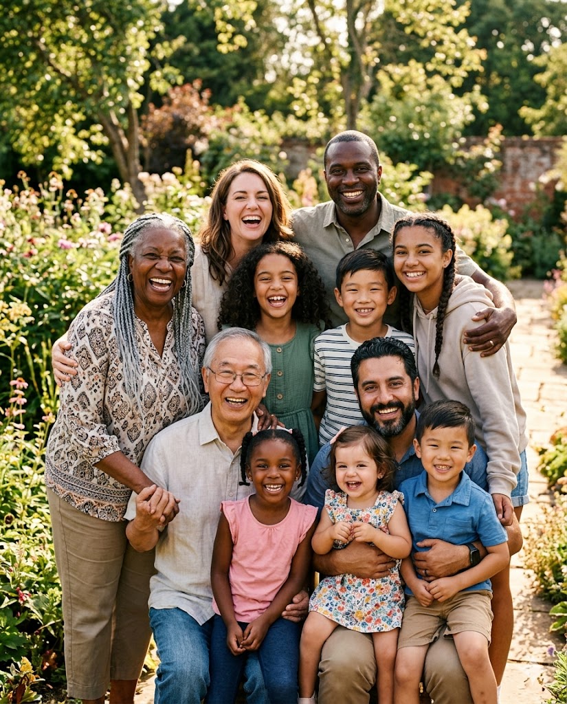 Família feliz reunida à mesa para jantar